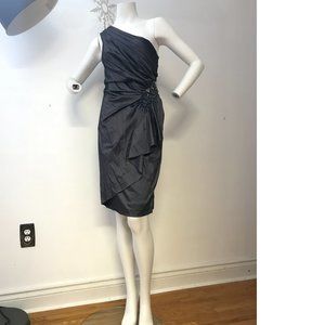 Le Chateau Gunmetal Grey Shiny Stretchy Flowy Ruffle bodycon dress Formal NWT
